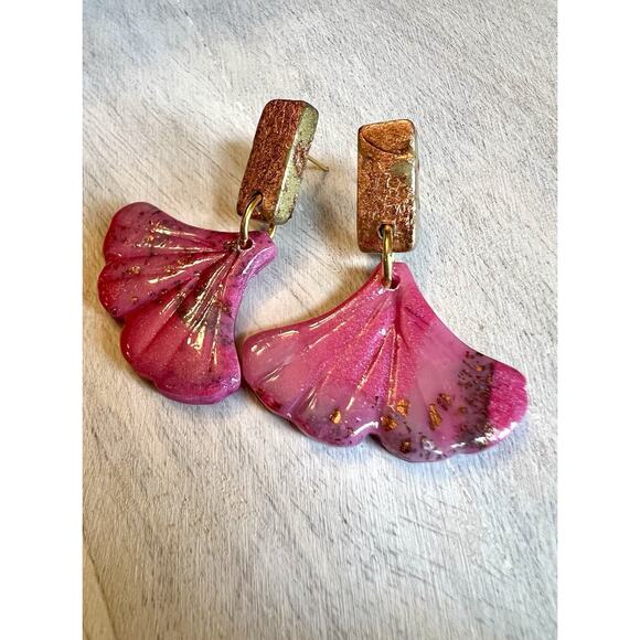 Earrings Statement Earrings Handcrafted Artwork Antique Gold Pink Floral Ginkgo - Picture 4 of 5